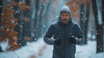 Poster - A man is running in the snow with a hat on