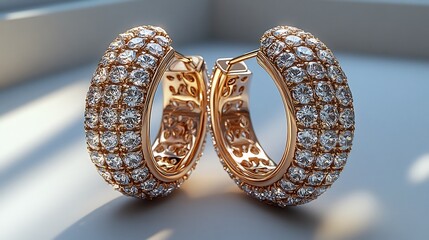 Poster - Modern 3D gold hoop earrings sparkling stones displayed on a minimalistic matte background blending sleek simplicity with a touch of luxury and refinement