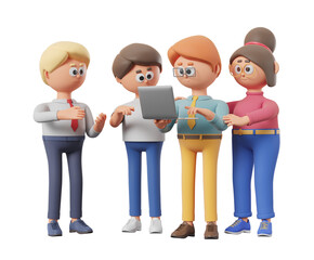 Poster - Group of cartoon characters standing together, discussing while looking at a laptop. Isolated on white background, concept of teamwork. 3D Rendering