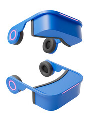 Poster - Blue augmented or virtual reality headset with earphones, isolated on a white background, modern technology and gadget concept, 3D rendering