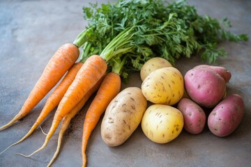 Aufkleber - A fresh bundle of carrots with their greens rests alongside vibrant red and yellow potatoes, showcasing farm-fresh produce on a rustic kitchen table setting.