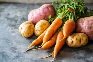 Poster - A rustic composition featuring root vegetables such as carrots and various potatoes on a textured surface, bathed in gentle natural light, showcasing earthy tones.