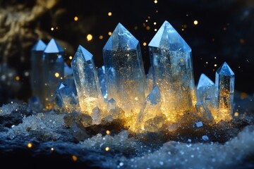Poster - Luminous blue crystals emerge from a dark cave-like environment, lighting up the surroundings with magical radiance, evoking wonder and mysticism.