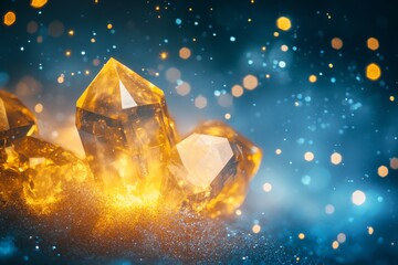 Poster - A cluster of golden crystals radiating mystical light amidst a backdrop of sparkling blue hues, capturing an enchanted and radiant scene with magical overtones.
