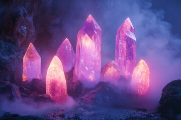 Poster - An ethereal arrangement of magenta crystals shines within ambient purple mist, depicting a surreal and mysterious ambiance in a fantastical cave setting.