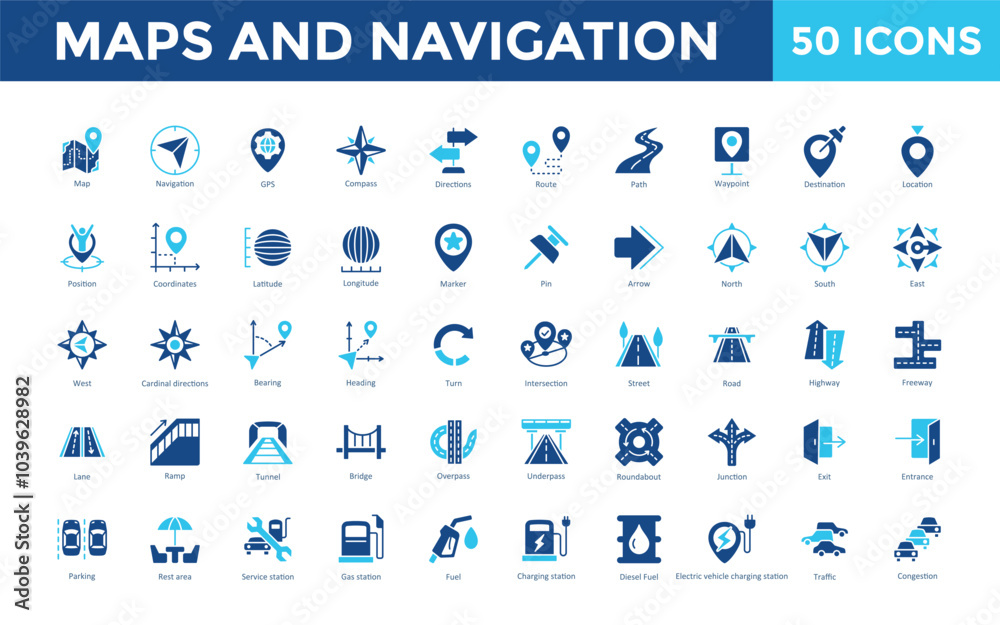 Maps and Navigation icon set with map, navigation, gps, compass ...