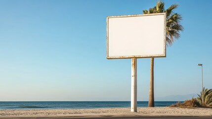 Blank billboard on sunny beach, prime advertising space for your brand message