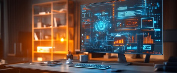 Aufkleber - A modern computer desk with a large monitor displaying a futuristic user interface, illuminated by a warm light.