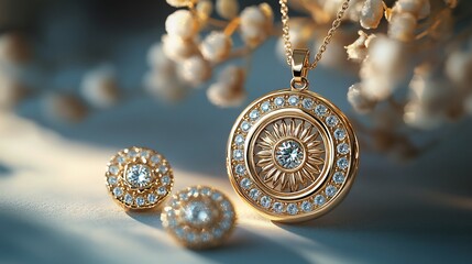 Poster - Modern 3D gold locket radiant gemstones complemented by a matching pair of earrings displayed on a clean minimalistic background showcasing the balance between luxury and simplicity