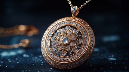 Poster - Modern 3D gold locket shimmering stones paired with elegant earrings and a sleek gold necklace displayed on a minimalistic matte background for a clean contemporary look