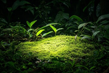 Poster - An enchanting patch of green moss thrives under a beam of sunlight in a dense forest, offering a perfect highlight against the darker wooded backdrop, embodying tranquility.