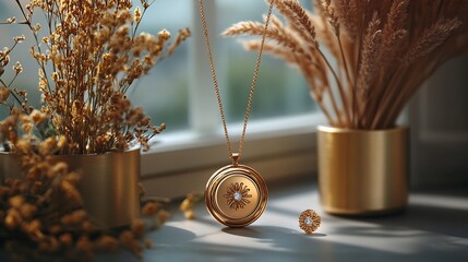 Poster - Modern 3D gold locket shimmering stones paired with elegant earrings and a sleek gold necklace displayed on a minimalistic matte background for a clean contemporary look