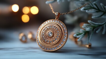 Poster - Modern 3D gold locket shimmering stones paired with elegant earrings and a sleek gold necklace displayed on a minimalistic matte background for a clean contemporary look