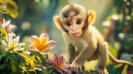 a cutest baby monkey you have ever seen with a party stage glowing with colorful flowers in beautifu