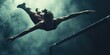 © Bambalino Studio - A woman is doing a gymnastics routine on a bar. The image is blurry and dark, giving it a moody and dramatic feel