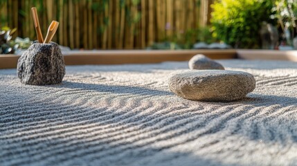 Aufkleber - A tranquil meditation garden with zen gardening tools and peaceful ambiance, Zen contemplation retreat style, photo of