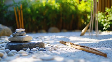 Aufkleber - A tranquil meditation garden with zen gardening tools and peaceful ambiance, Zen contemplation retreat style, photo of