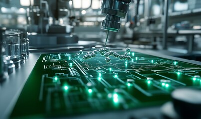 Poster - A robotic arm places metallic spheres on a circuit board in a futuristic factory setting.