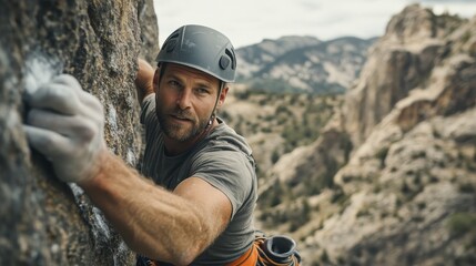 a man is climbing a rock wall wearing a helmet. concept of adventure and excitement, as the man is f