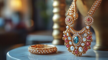 Poster - Opulent 3D gold earrings dazzling gemstones paired with a sleek necklace and locket set against a minimalist backdrop to emphasize the contrast between luxury and modern simplicity