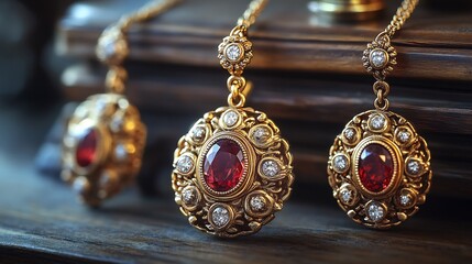 Poster - Opulent 3D gold earrings intricate gemstone details paired with a matching locket and necklace set on a soft minimalist background to highlight the elegance and luxury