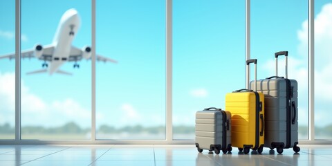 colorful luggage waits in an airport terminal as a plane takes off in the background, capturing the 