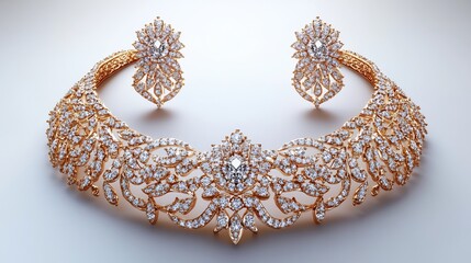 Poster - Opulent 3D gold jewelry set featuring diamondstudded necklace and matching earrings shining against a white backdrop for a sophisticated and luxurious look