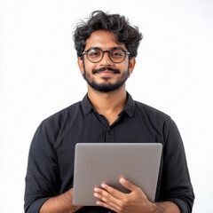 young indian man holding laptop on white background