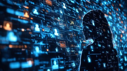 Poster - A silhouette of a woman standing in front of a digital background filled with data and icons, representing the concept of data privacy, technology, and the digital age.
