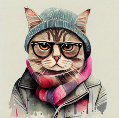 Trendy cat in watercolor style wearing hipster glasses and a beanie, wrapped in a colorful scarf, exudes coolness and artistic vibes with a modern touch