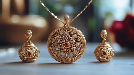 Poster - opulent 3d gold locket intricate gemstone detailing paired with matching earrings and a sleek gold n
