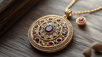 Poster - Opulent 3D gold locket intricate gemstone detailing paired with matching earrings and a sleek gold necklace set against a clean minimalistic background for a refined elegant look