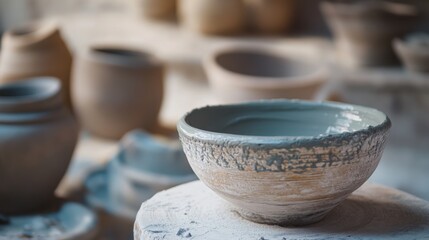 Aufkleber - A tranquil pottery studio with wheel and clay tools, Ceramic art creation style, photo of