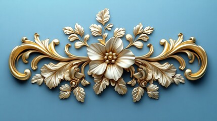 Poster - Opulent 3D golden Baroque ornament intricate floral swirls elegant leaf motifs and rococoinspired filigree set against a clean minimalistic blue background evoking Renaissance grandeur and luxury
