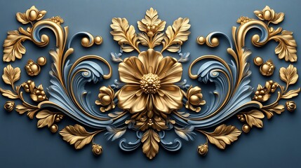 Poster - Opulent 3D golden Baroque ornament intricate floral swirls elegant leaf motifs and rococoinspired filigree set against a clean minimalistic blue background evoking Renaissance grandeur and luxury