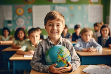 Canvas Print - Happy preschooler with globe ball