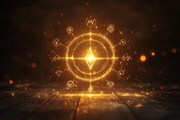 Poster - A glowing, abstract symbol with a diamond shape in the center surrounded by smaller, stylized symbols on a dark background.