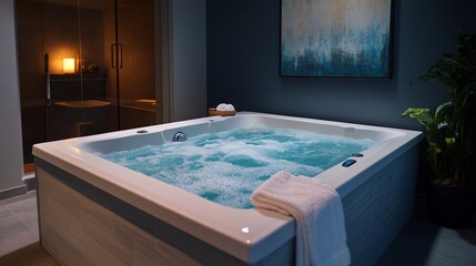 Poster - A white jacuzzi tub with blue water and bubbles, a white towel, and a plant in a pot sits in a spa setting.