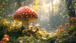 © Agi - A Surreal Fantasy Landscape with a Joyful Green Giant Mushroom Surrounded by Whimsical Creatures and Lush Flora