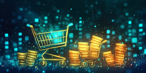 Poster - A gold shopping cart filled with gold coins against a blue bokeh background.