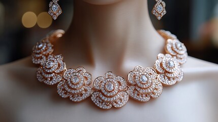 Poster - Ornate 3D gold necklace earrings adorned with sparkling diamonds set on a white backdrop for an elegant and luxurious display of fine craftsmanship and regal beauty
