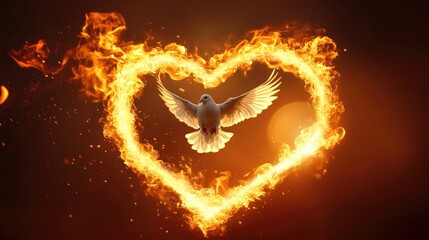 Canvas Print - Heart-shaped flame with a white dove flying out, the flames forming a soft glow around its wings, embodying peace