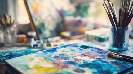 Aufkleber - A tranquil watercolor painting studio with brushes and palettes, Colorful artworks in various stages, Artistic studio style