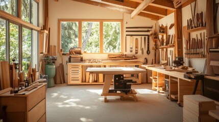 Aufkleber - A tranquil woodworking studio with tools and timber, Workshop tools arranged in a well-lit space, Contemporary workshop style