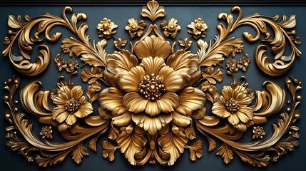Poster - Ornate 3D golden filigree swirling floral and leaf motifs in an opulent Baroque design set against a clean minimalistic backdrop for a regal Renaissanceinspired look