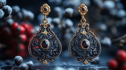 Fototapete - Ornate chandelier earrings detailed filigree isolated on a minimalistic background showcasing their vintage charm and intricate craftsmanship