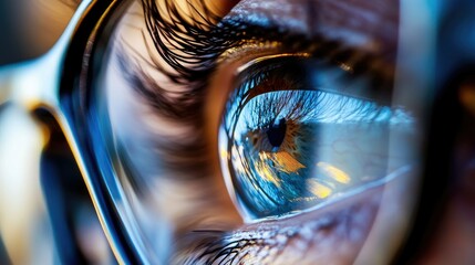 Macro shot of a human eye behind glasses, highlighting lens reflection and sharp vision with high-definition details