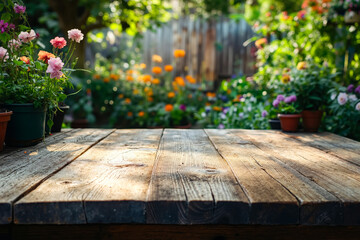 A wooden table with potted plants on top of it