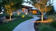© savittree - Modern garden path lit with warm lights, contemporary landscape design elements highlighting the structure and flow of the front yard.