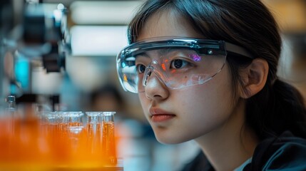 Poster - A young woman in safety goggles looking at a row of test tubes.